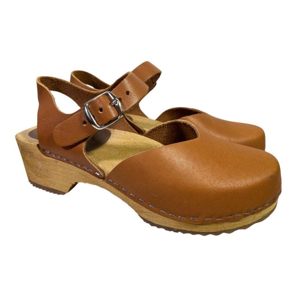 MIA Tan Leather Mary Jane Clogs with Wooden Heel